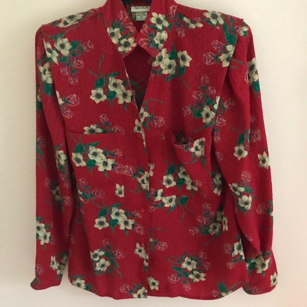 Vintage Nicola Flowered Print Blouse on Red Background, Size 10